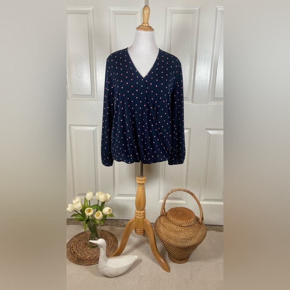 Banana Republic Women's LG Navy With Heart Print, Faux Wrap, Snap Closure Blouse